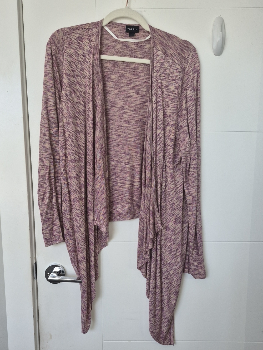 Torrid mauve marbled open-front draped cardigan
